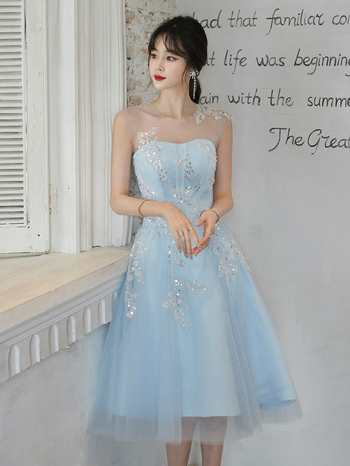 Cute Blue Short Tulle with Beaded Lace Party Dress, Blue Homecoming Dresses