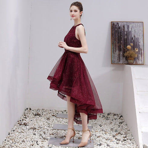 Beautiful Burgundy Halter High Low Tulle Lace Homecoming Dress, Short Party Dress Prom Dress