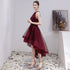 Beautiful Burgundy Halter High Low Tulle Lace Homecoming Dress, Short Party Dress Prom Dress