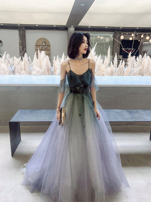 Beautiful Gradient Tulle Straps Long Evening Dress Party Dress, Tulle Formal Dresses