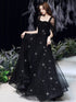 Black Off Shoulder Tulle Long Party Dress Prom Dress, Black Beaded Evening Dresses
