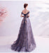 Shiny Purple Tulle Off Shoulder Party Dress with Lace, Long Purple Party Dresses