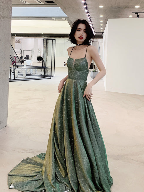 Lovely Green Backless Long Shiny Prom Dress Party Dress, Green Evening Dresses