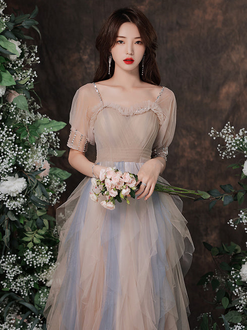 Cute Short Sleeves Layers Tulle Long Party Dress, A-line Prom Dresses