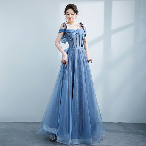Blue Shiny Tulle Off Shoulder Beaded Straps A-line Party Dress, Blue Long Prom Dress