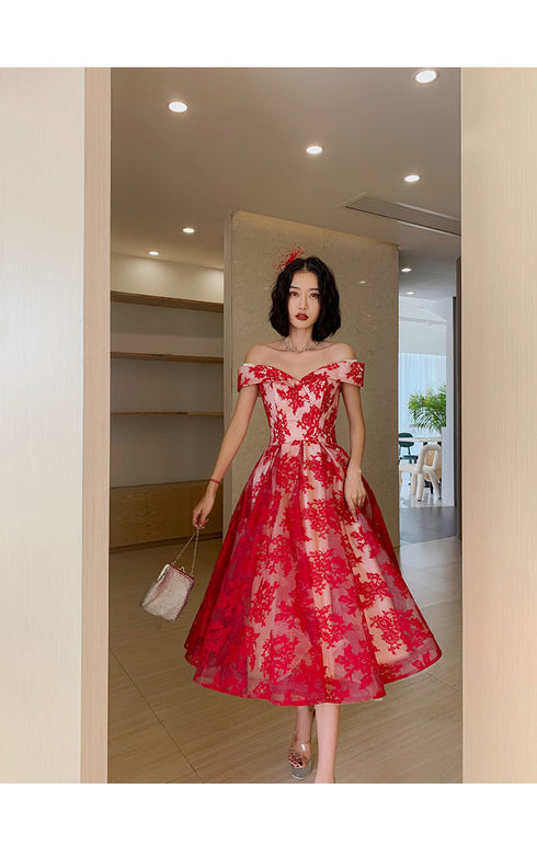 Red Lace Off Shoulder Tea Length Bridesmaid Dress, Lace Party Dress Prom Dress