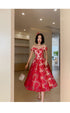 Red Lace Off Shoulder Tea Length Bridesmaid Dress, Lace Party Dress Prom Dress