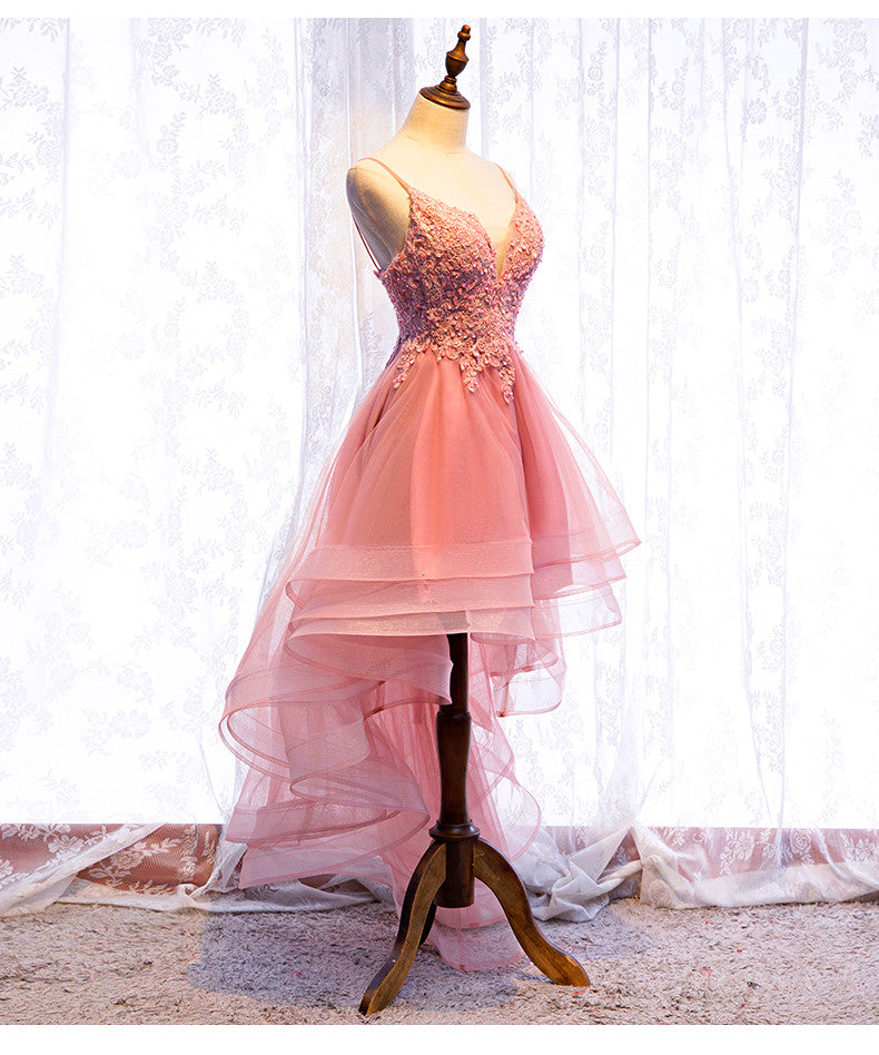 Light Blue V-neckline Lace Applique Tulle Homecoming Dress, Low Back Short Prom Dress