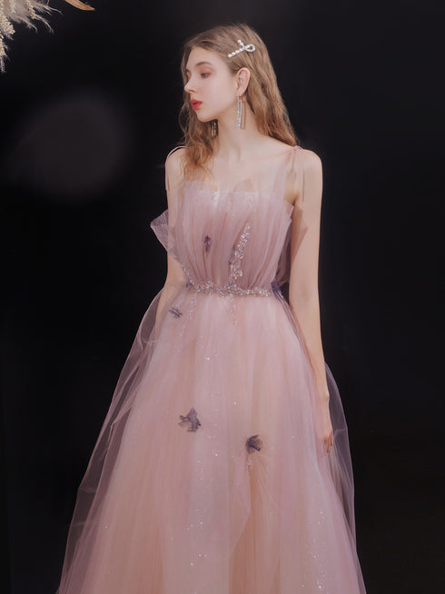 Pink Tulle with Beadings Spaghetti Strap Long Formal Dress, Pink Junior Prom Dress