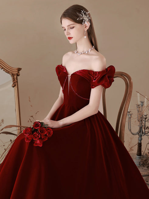 Wine Red Velvet Beaded Off Shoulder Sweetheart Prom Dress, Wine Red Bridesmaid Dress