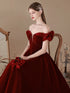 Wine Red Velvet Beaded Off Shoulder Sweetheart Prom Dress, Wine Red Bridesmaid Dress