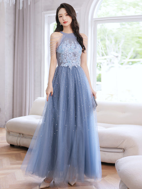 Blue Beaded and Lace Applique Long Party Dress, Blue Formal Dresses