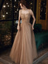 Champagne Beaded Tulle Straps Long Party Dresses, A-line Tulle Formal Dresses Prom Dresses