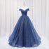 Navy Blue Off Shoulder Shiny Tulle Floor Length Prom Dress, Blue Prom Dress