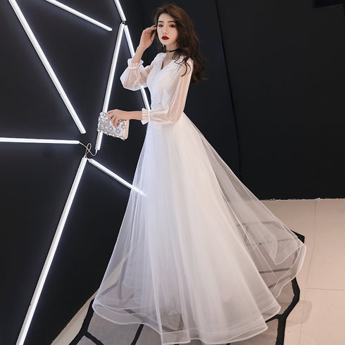White Long Sleeves Tulle Simple Wedding Party Dress with Lace, A-line Formal Dress