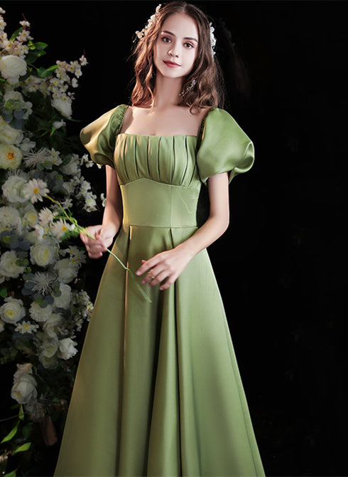 Green Satin Long Prom Dress iwith Short Sleeves, Green Party Dress Prom Dress