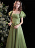 Green Satin Long Prom Dress iwith Short Sleeves, Green Party Dress Prom Dress