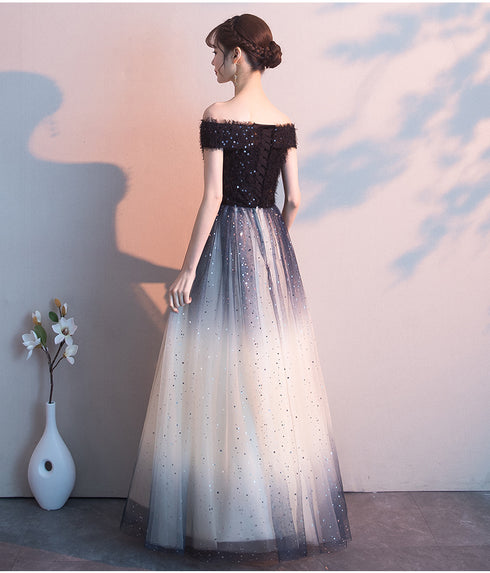 Beautiful Gradient Tulle Sequins Off Shoulder Wedding Party Dresses, A-line Tulle Formal Gown