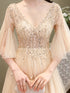 Light Champagne Tulle Slit Beaded Long Prom Dress, Sexy A-line Sequins Formal Dress