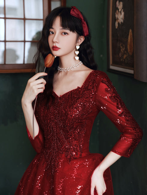 Wine Red Tulle with Lace A-line Beaded Long Party Dress, Wine Red Evening Dress