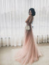 V-neckline Pink Beaded Tulle High Slit Straps Formal Dress, Pink Tulle Party Dress Prom Dress
