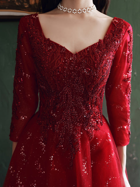Wine Red Tulle with Lace A-line Beaded Long Party Dress, Wine Red Evening Dress
