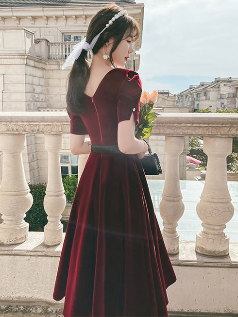 Wine Red Velvet Homecoming Dress Prom Dresses, Velvet Bridesmaid Dresses