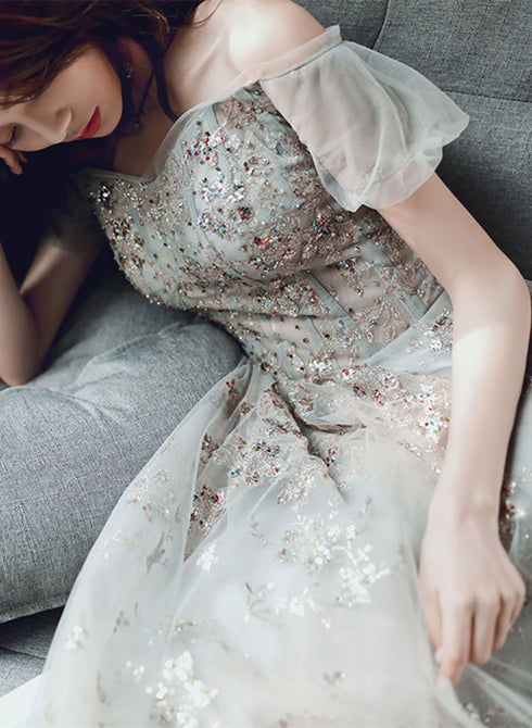 Off Shoulder Sweetheart A-line Green Long Formal Dress, Tulle with Lace Prom Dress
