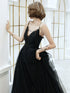 Black V-neckline Tulle with Lace Applique Long Prom Dress, Black Evening Dress