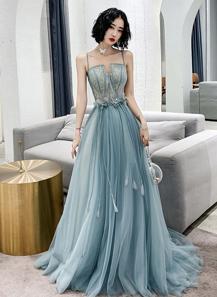 A-line Tulle Straps Long Blue Floor Length Party Dress, Blue Evening D