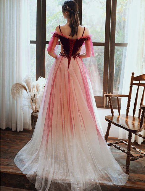 Beautiful Tulle Gradient Dark Red A-line Long Prom Dress, Straps Sweetheart Party Dress