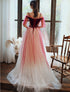 Beautiful Tulle Gradient Dark Red A-line Long Prom Dress, Straps Sweetheart Party Dress