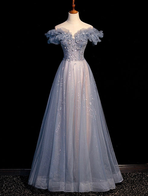 Beautiful Off Shoulder Puffy Sleeves Beaded Party Dress Prom Dress, Blue Evening Gown