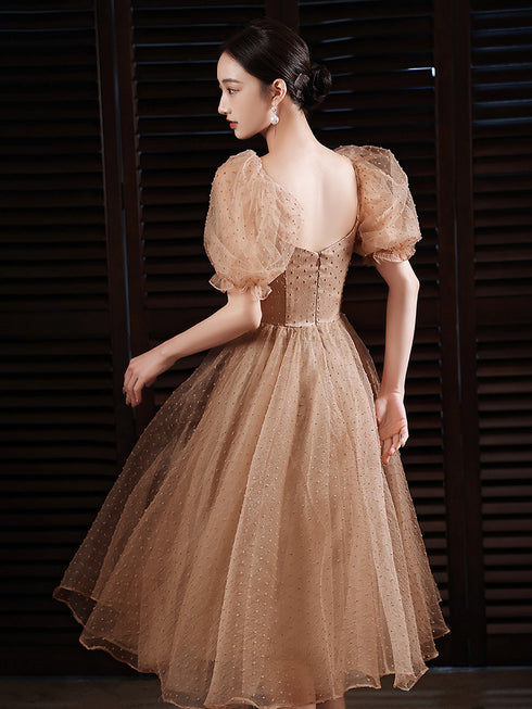 Champagne Tea Length Off Shoulder Champagne Homecoming Dresses, Short Prom Dress