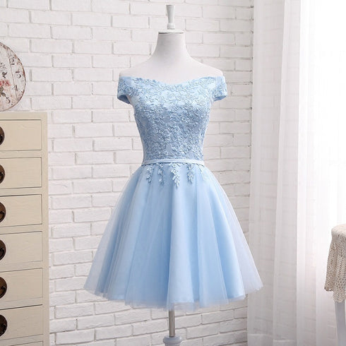 Beautiful Light Blue Off Shoulder Tulle Party Dress, Blue Homecoming Dresses
