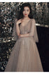 Sexy Champagne Tulle V Back Long Evening Dress Party Dress, Long Prom Dress