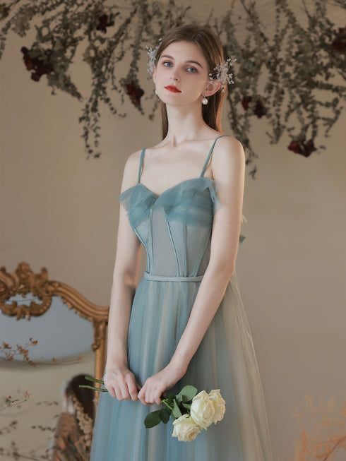 A-line Tulle Sweetheart Long Party Dress, Simple Straps Prom Dress