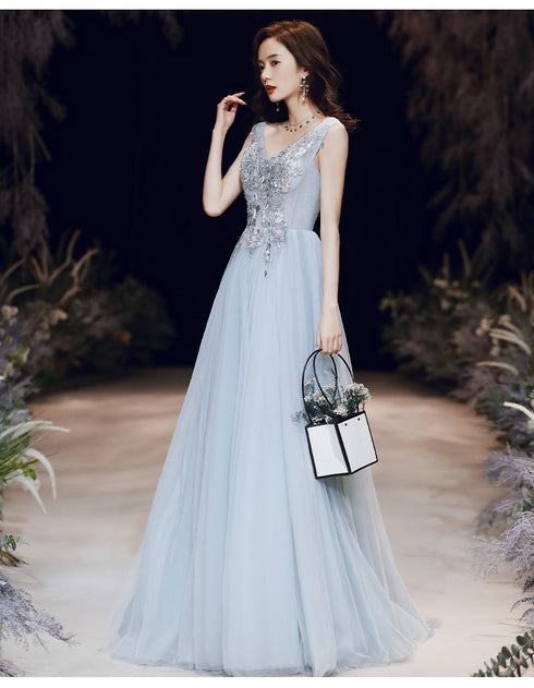 Light Blue V-neckline Tulle Long Prom Dress, A-line Tulle Evening Gown with Lace Applique