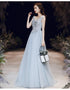 Light Blue V-neckline Tulle Long Prom Dress, A-line Tulle Evening Gown with Lace Applique