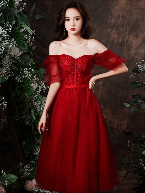 Cute Wine Red Tulle with Lace Tea Length Formal Dress, Wine Red Evening Dresses