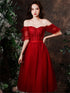 Cute Wine Red Tulle with Lace Tea Length Formal Dress, Wine Red Evening Dresses