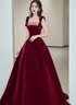 Wine Red Velvet Straps Flowers Lace-up Long Prom Dress, Wine Red Long Party Dress