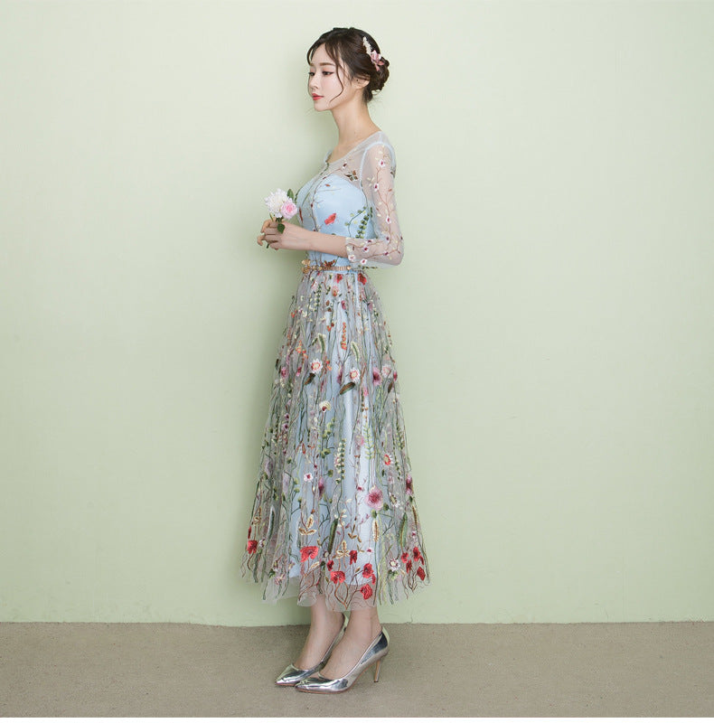 Light Blue Tea Length Lace Floral Wedding Party Dress, Beautiful Formal Dress US size 6 / Light Blue Light Blue Tea Length Lace Floral Wedding Party Dress, Beautiful Formal Dress US size 6 / Light Blue