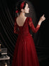 Wine Red Lace Long Sleeves Low Back Tulle Prom Dress, Wine Red Beaded Party Dress