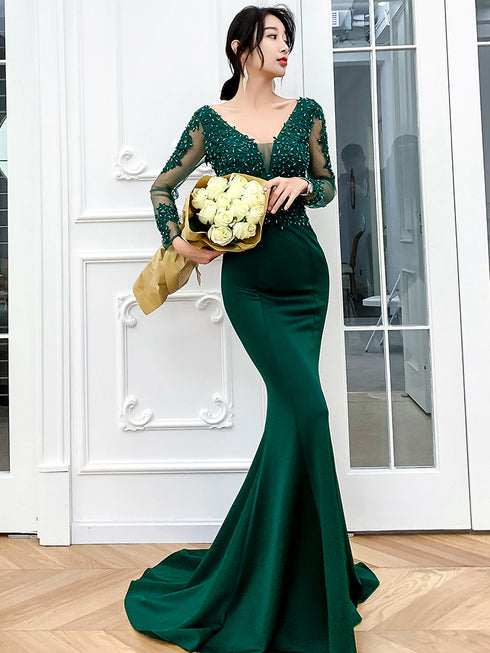 Dark Green Mermaid Lace and Beaded Evening Dresses, Green Prom Dress Party Dress
