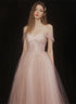 Pink Tulle Lace Beaded Off Shoulder Prom Dress, Pink A-line Party Dress
