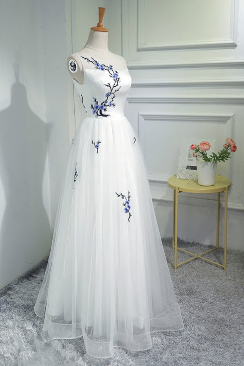 Beautiful White Tulle Long A-line Prom Dress, White Graduation Dress