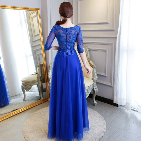 Blue Lace and Tulle 1/2 Sleeves Long A-line Bridesmaid Dress, Blue Party Dres Formal Dress