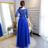 Blue Lace and Tulle 1/2 Sleeves Long A-line Bridesmaid Dress, Blue Party Dres Formal Dress
