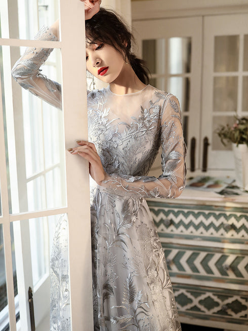 Elegant Sliver Grey Long Sleeves Long Evening Dress Party Dress, A-line Senior Prom Dress